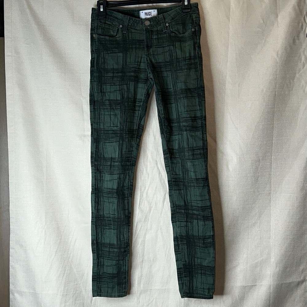 PAIGE Dark Green Plaid Skinny Jeans